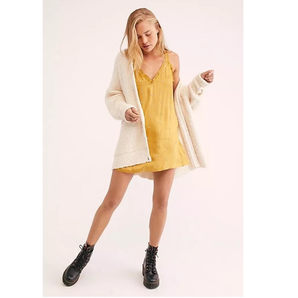 Free People Sz L DREAMING OF YOU Yellow Gold Embellished Flower Mini Dress